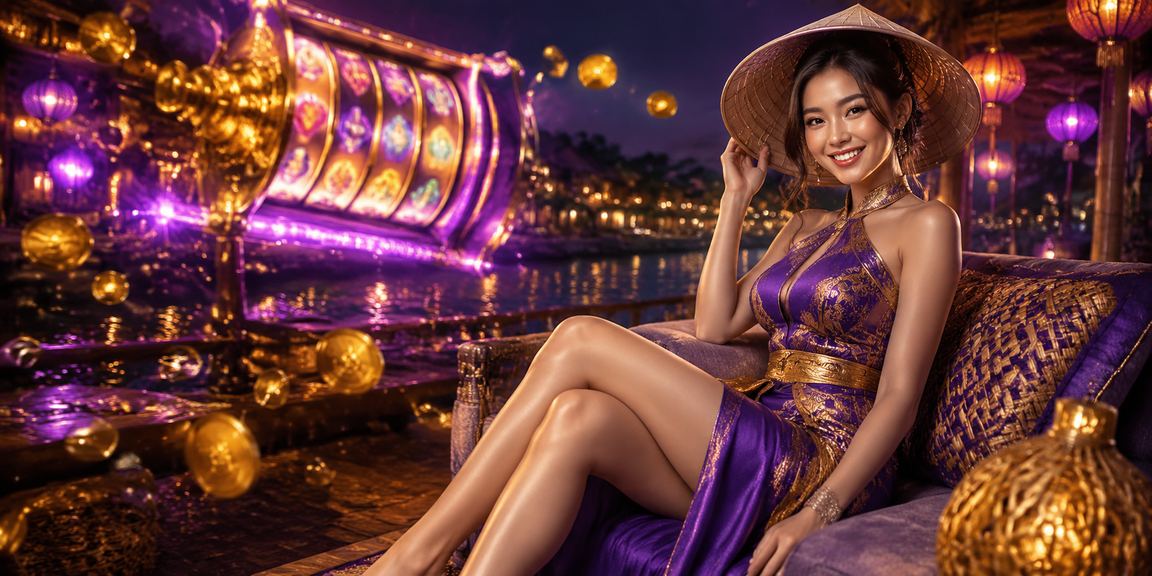 Người chơi slots trong không gian truyền thống Hội An với nón lá